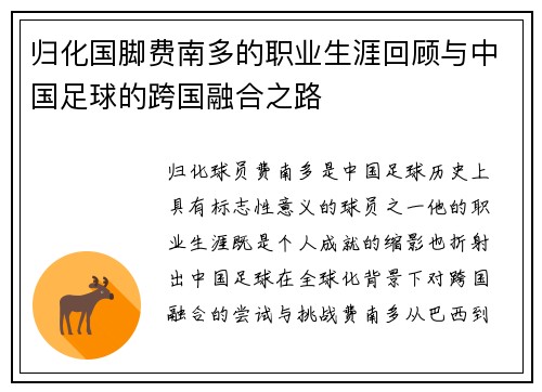 归化国脚费南多的职业生涯回顾与中国足球的跨国融合之路