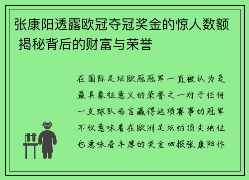 张康阳透露欧冠夺冠奖金的惊人数额 揭秘背后的财富与荣誉