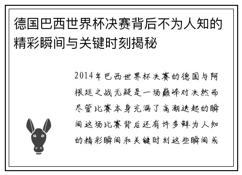 德国巴西世界杯决赛背后不为人知的精彩瞬间与关键时刻揭秘