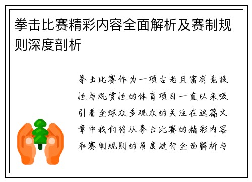 拳击比赛精彩内容全面解析及赛制规则深度剖析